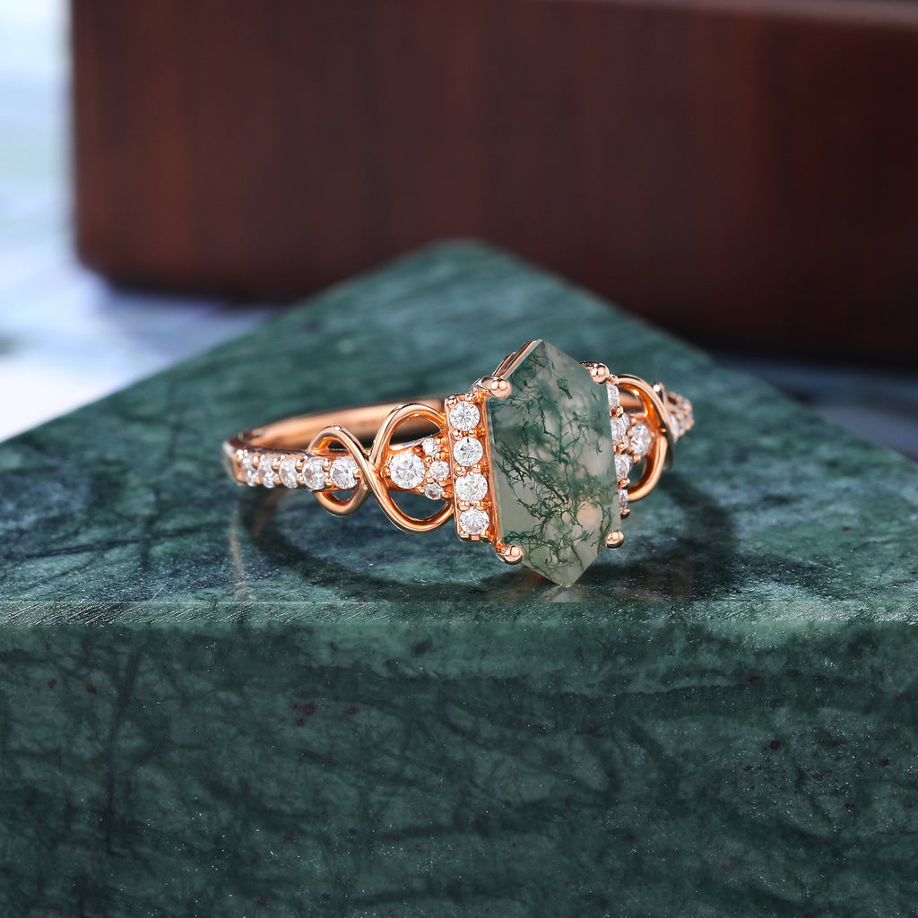 Long hexagon cut Moss agate engagement ring S925/10k/14k/18k