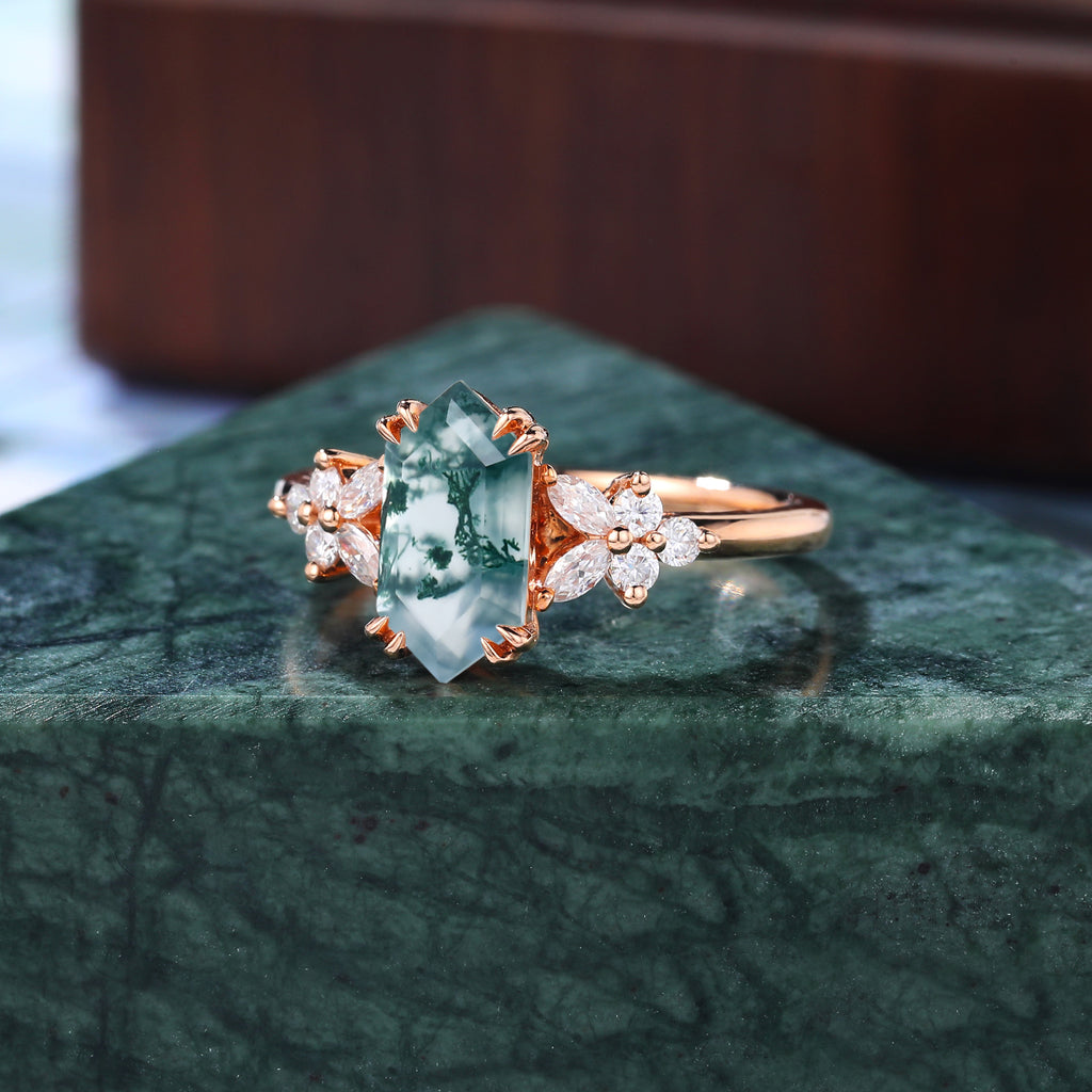 Long hexagon cut Moss agate yellow gold engagement ring S925/10k/14k/18k, rose/white/yellow gold