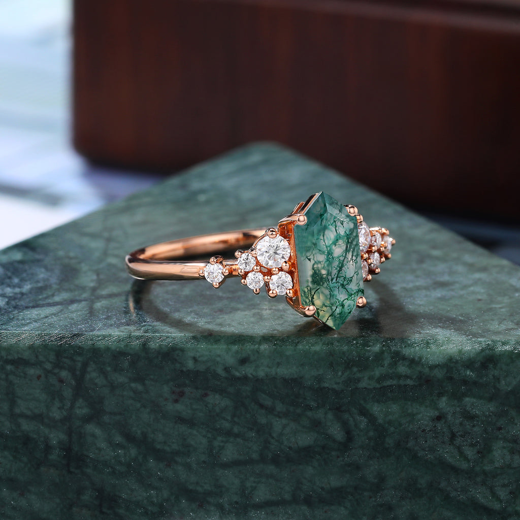 Long Hexagon Moss agate engagement ring 925silver/10k/14k/18k gold