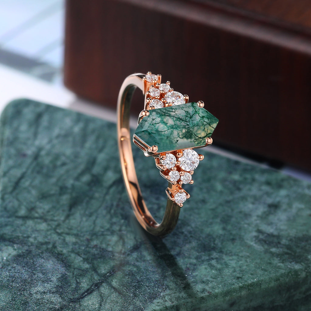 Long Hexagon Moss agate engagement ring 925silver/10k/14k/18k gold