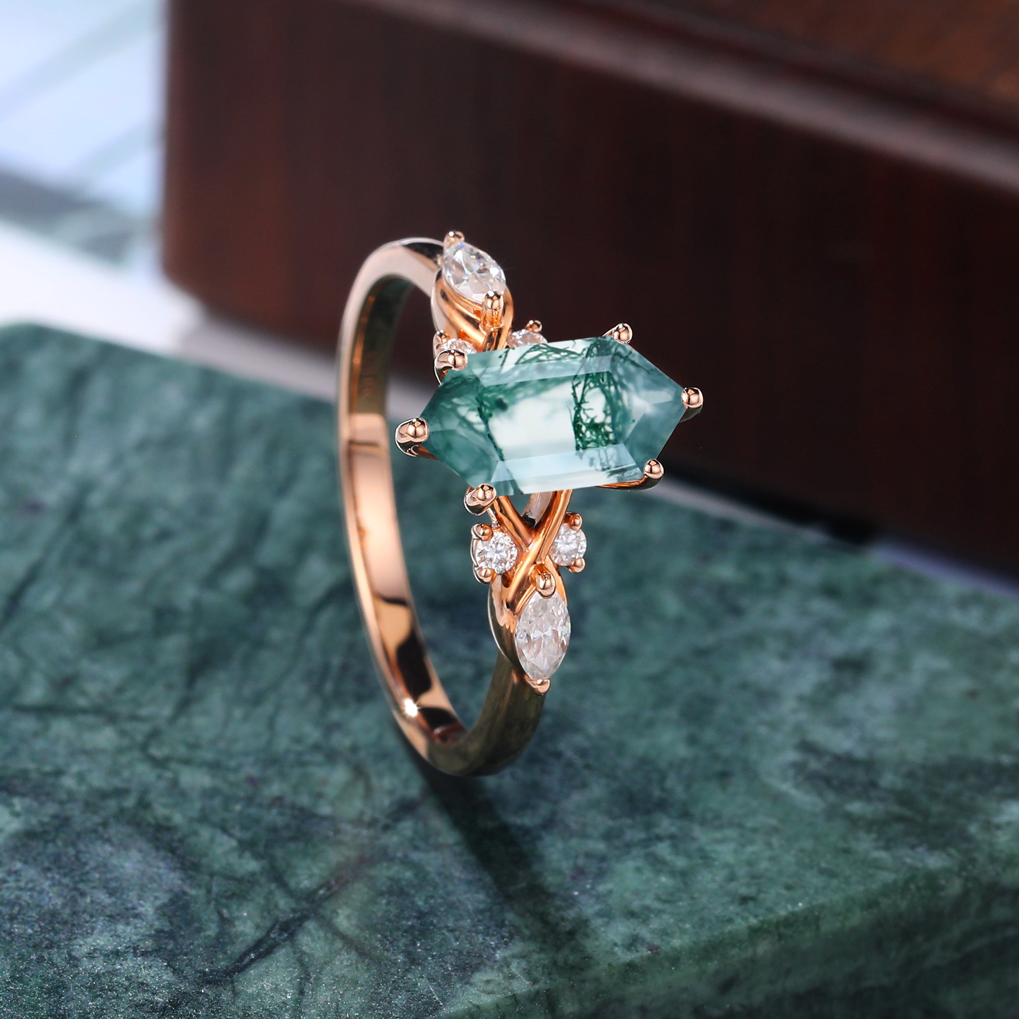 Long Hexagon cut Moss agate engagement ring S925/10k/14k/18k gold , unique bridal ring rose/white/yellow gold