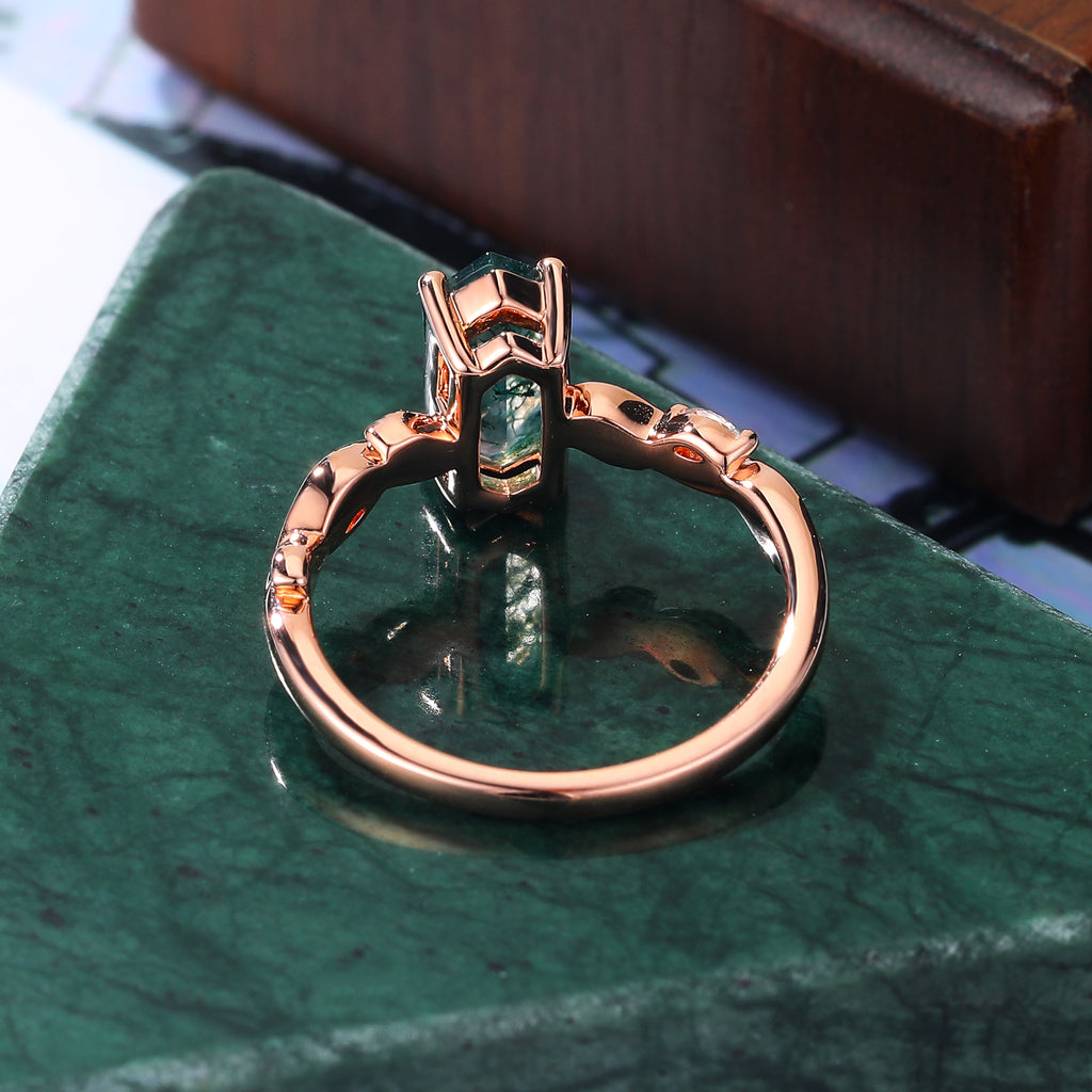 Long Hexagon Moss Agate engagement ring 925silver/10k/14k/18k gold , unique moissanite Bridal ring