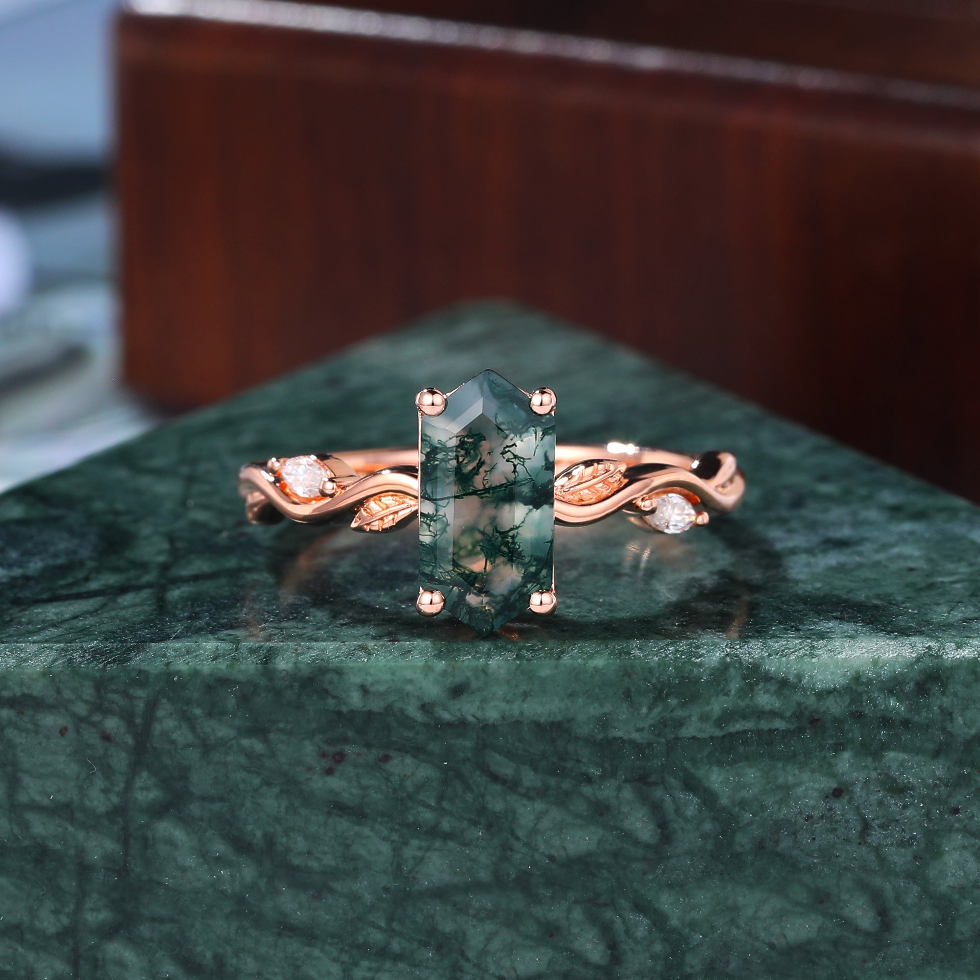 Long Hexagon Moss Agate engagement ring 925silver/10k/14k/18k gold , unique moissanite Bridal ring