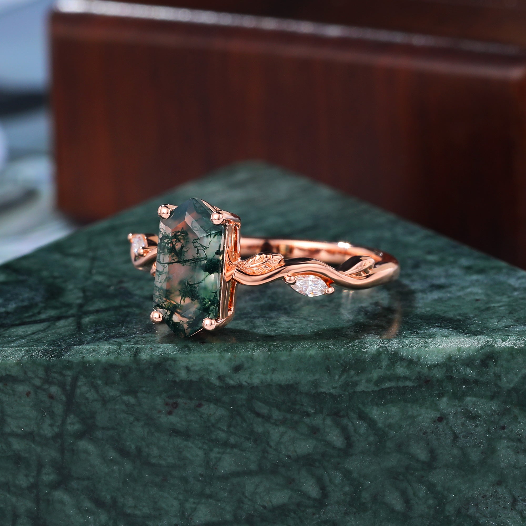 Long Hexagon Moss Agate engagement ring 925silver/10k/14k/18k gold , unique moissanite Bridal ring