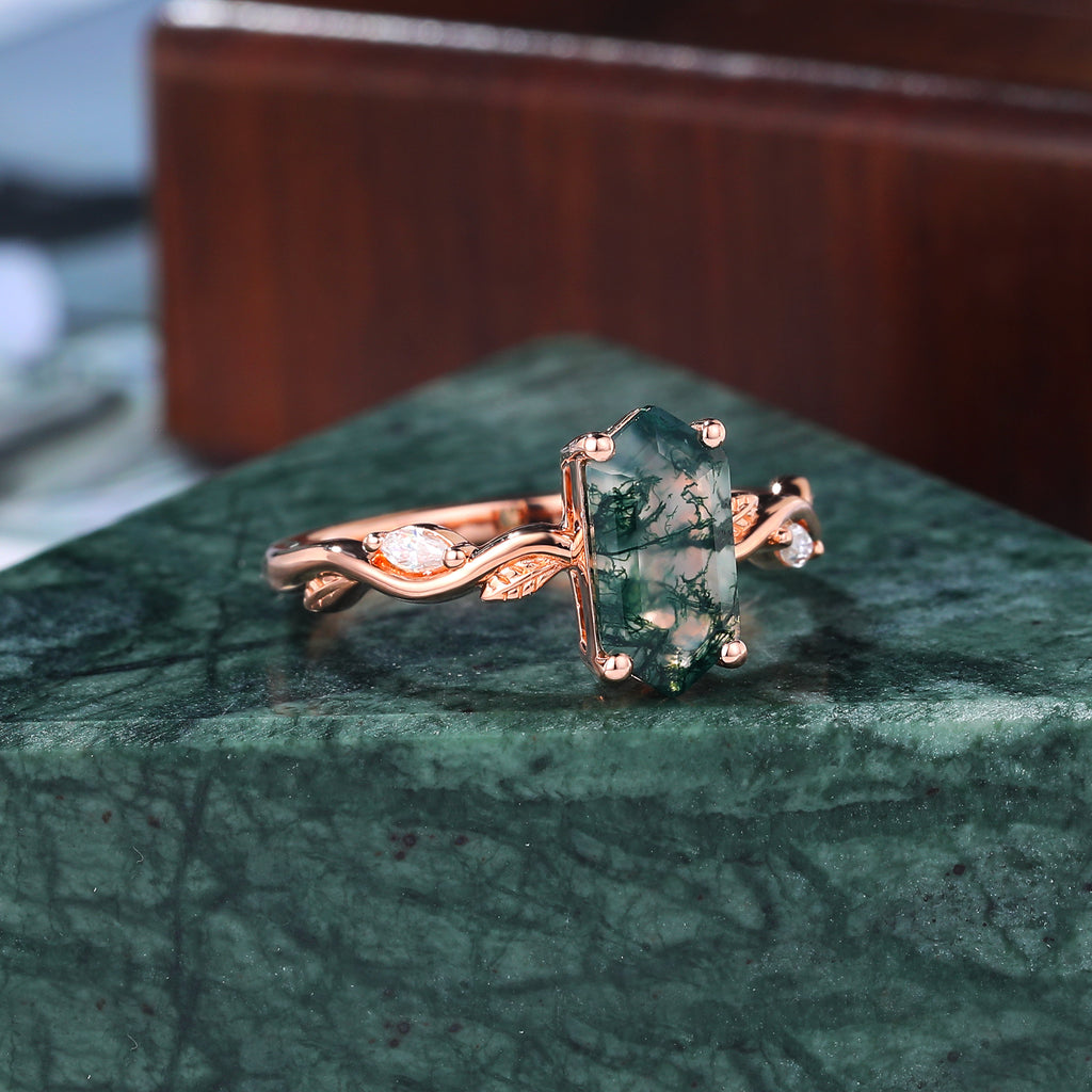 Long Hexagon Moss Agate engagement ring 925silver/10k/14k/18k gold , unique moissanite Bridal ring