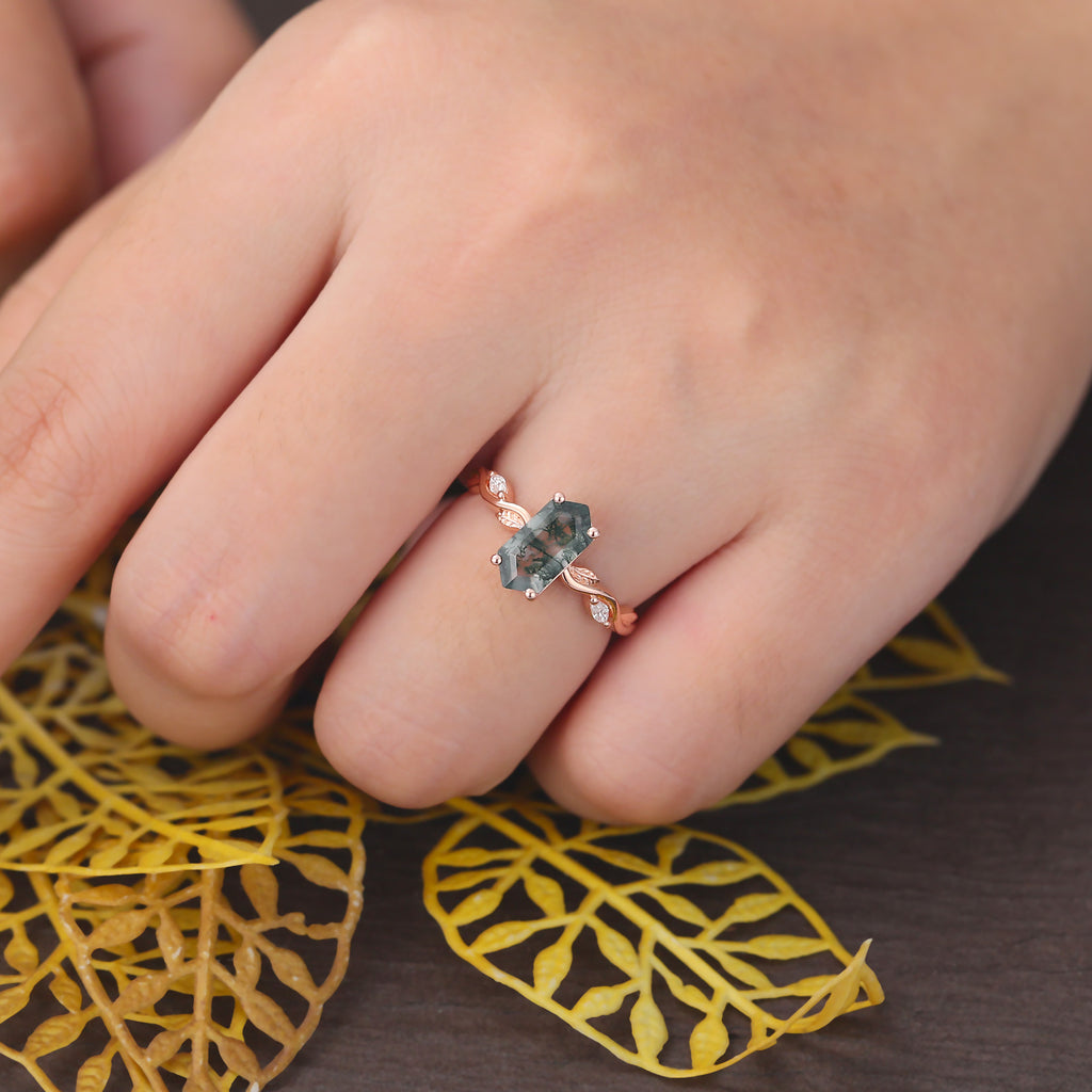 Long Hexagon Moss Agate engagement ring 925silver/10k/14k/18k gold , unique moissanite Bridal ring