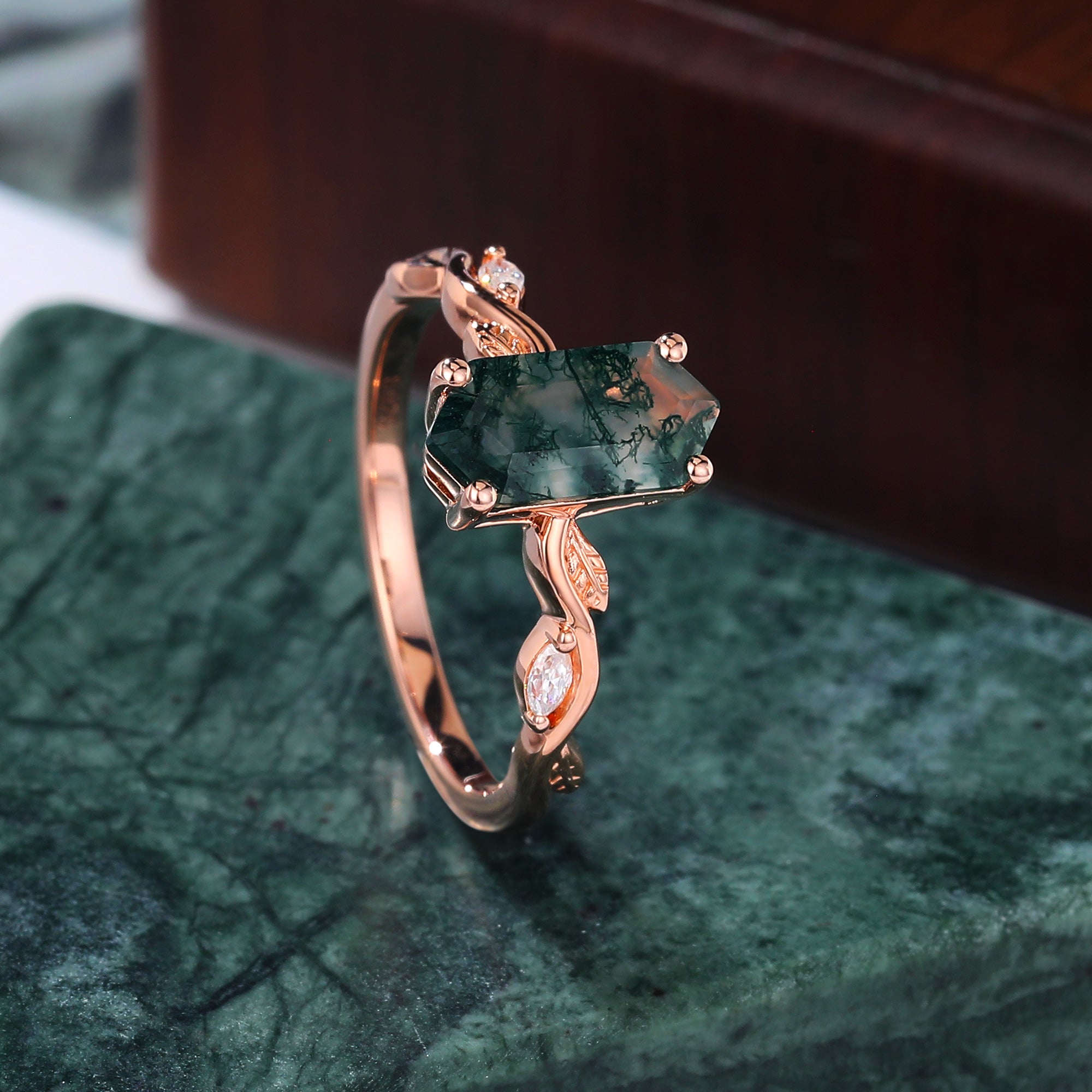 Long Hexagon Moss Agate engagement ring 925silver/10k/14k/18k gold , unique moissanite Bridal ring