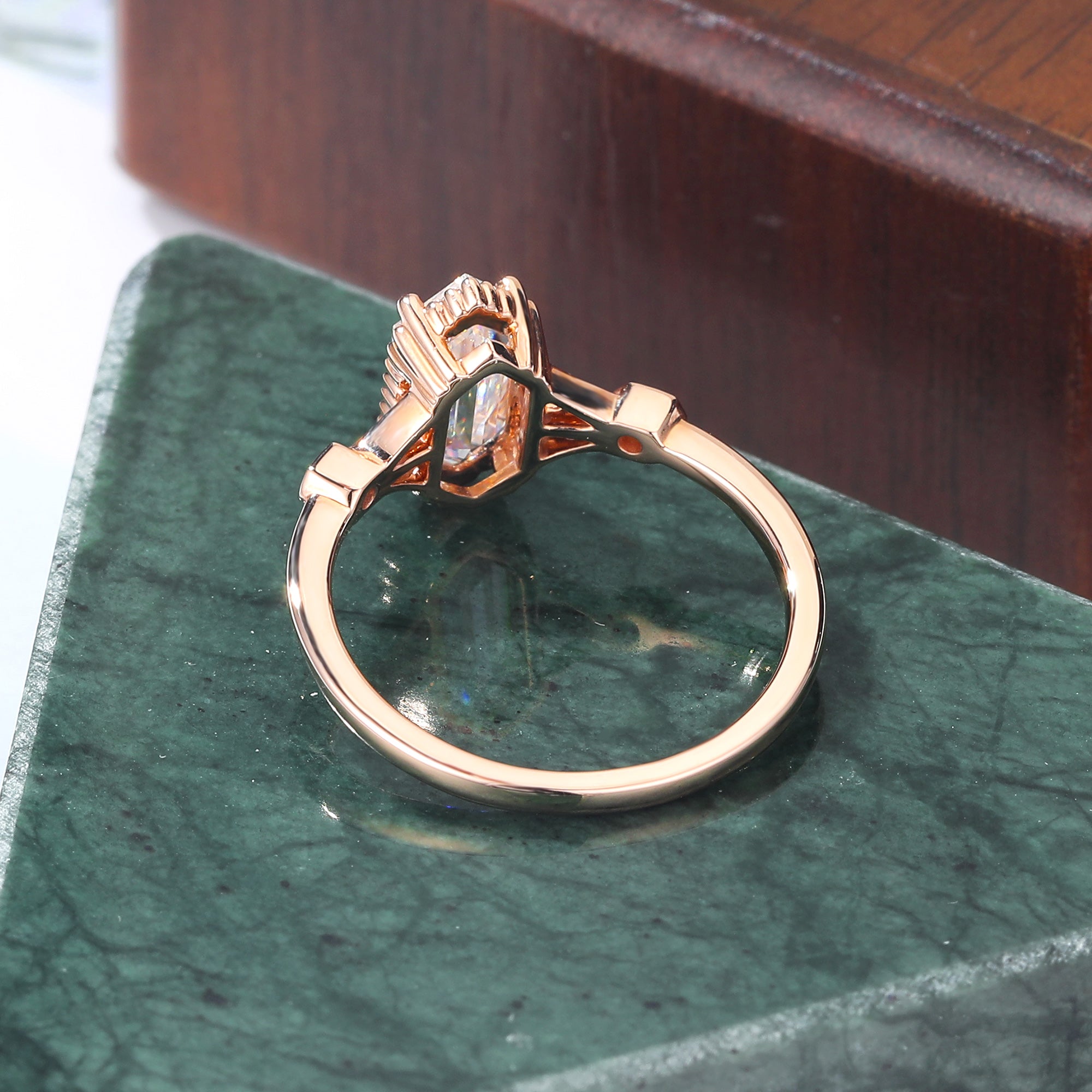 1.4ct Long Hexagon cut Lab grown diamond rose gold engagement Ring.
