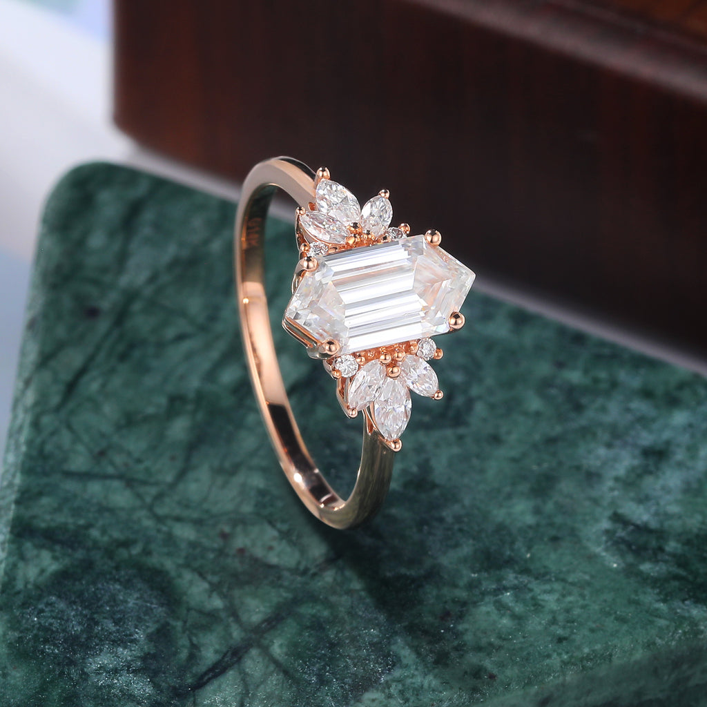 1.4ct Long Hexagon cut Lab grown diamond rose gold engagement Ring.