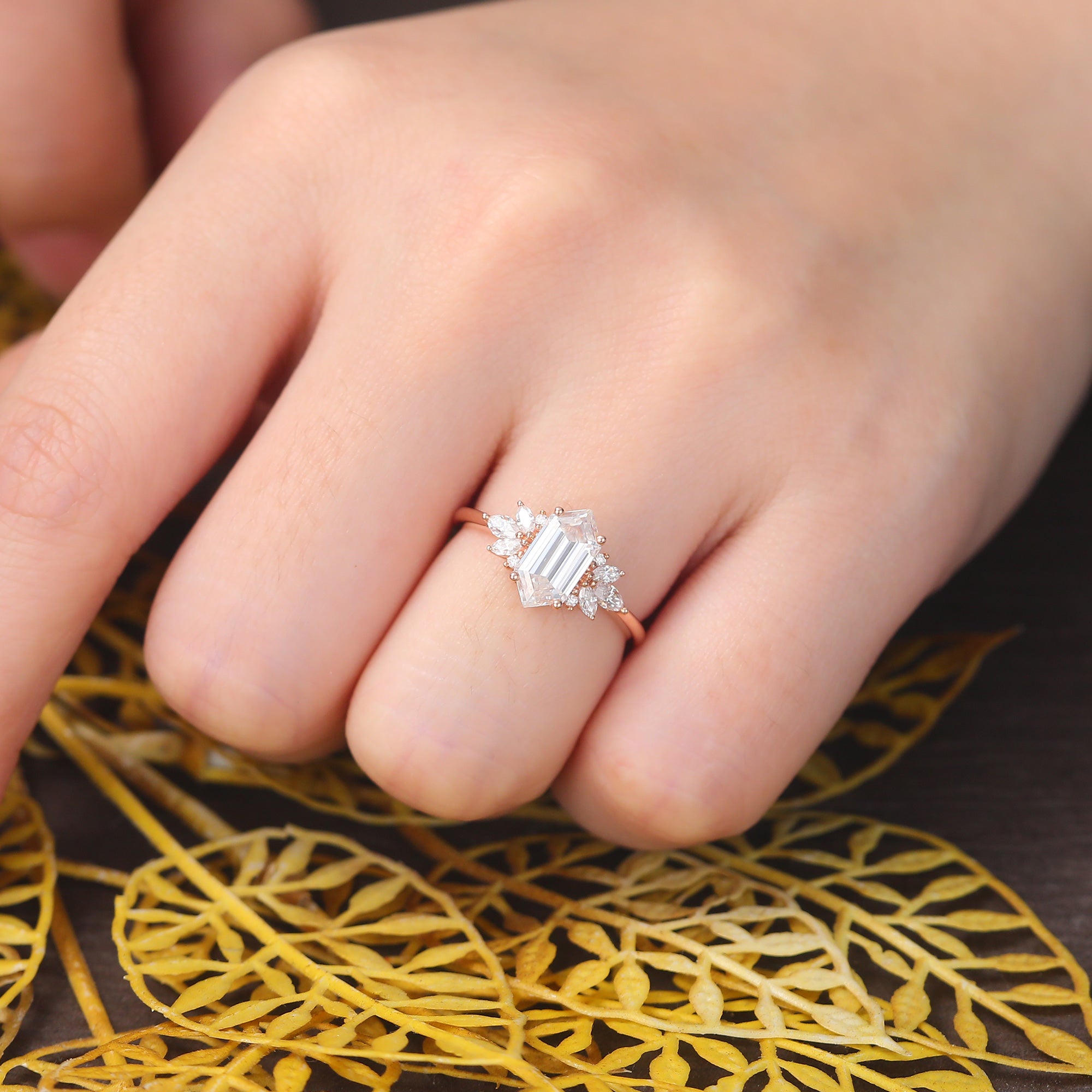 Long Hexagon cut moissanite rose gold engagement Ring.