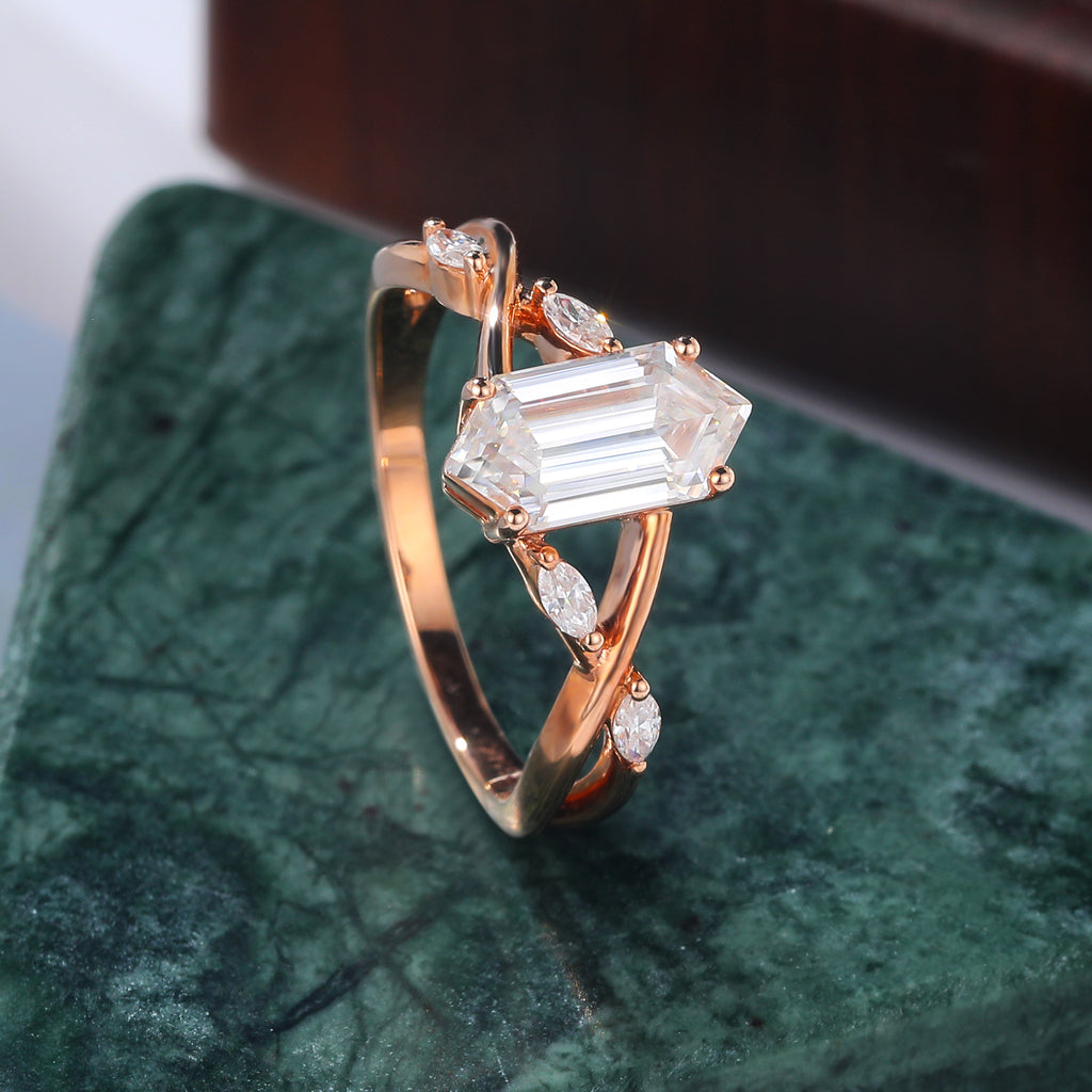 1.35ct Long Hexagon cut Lab grown diamond rose gold engagement Ring.