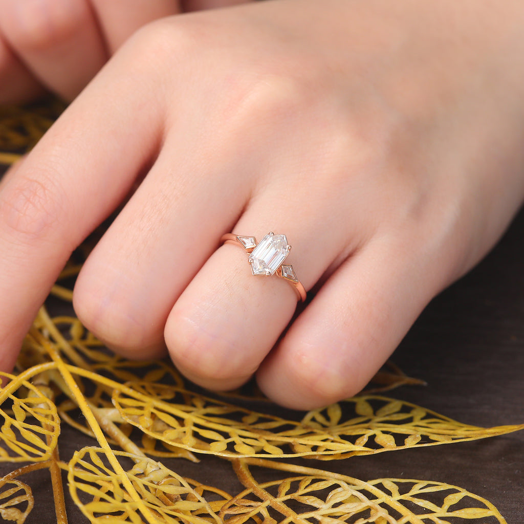 1.2ct Long Hexagon cut Lab grown diamond rose gold engagement Ring.