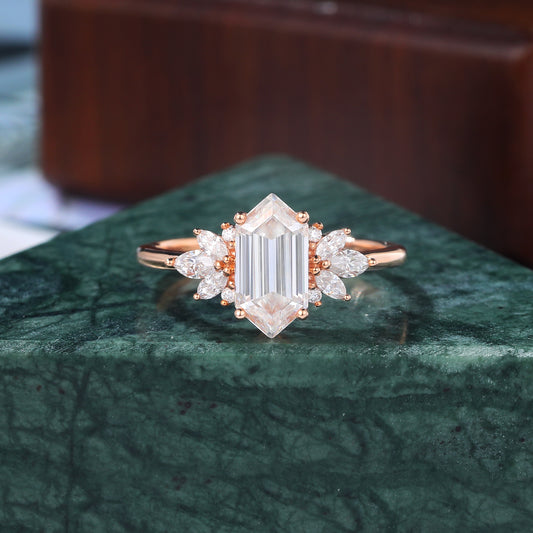 1.4ct Long Hexagon cut Lab grown diamond rose gold engagement Ring.