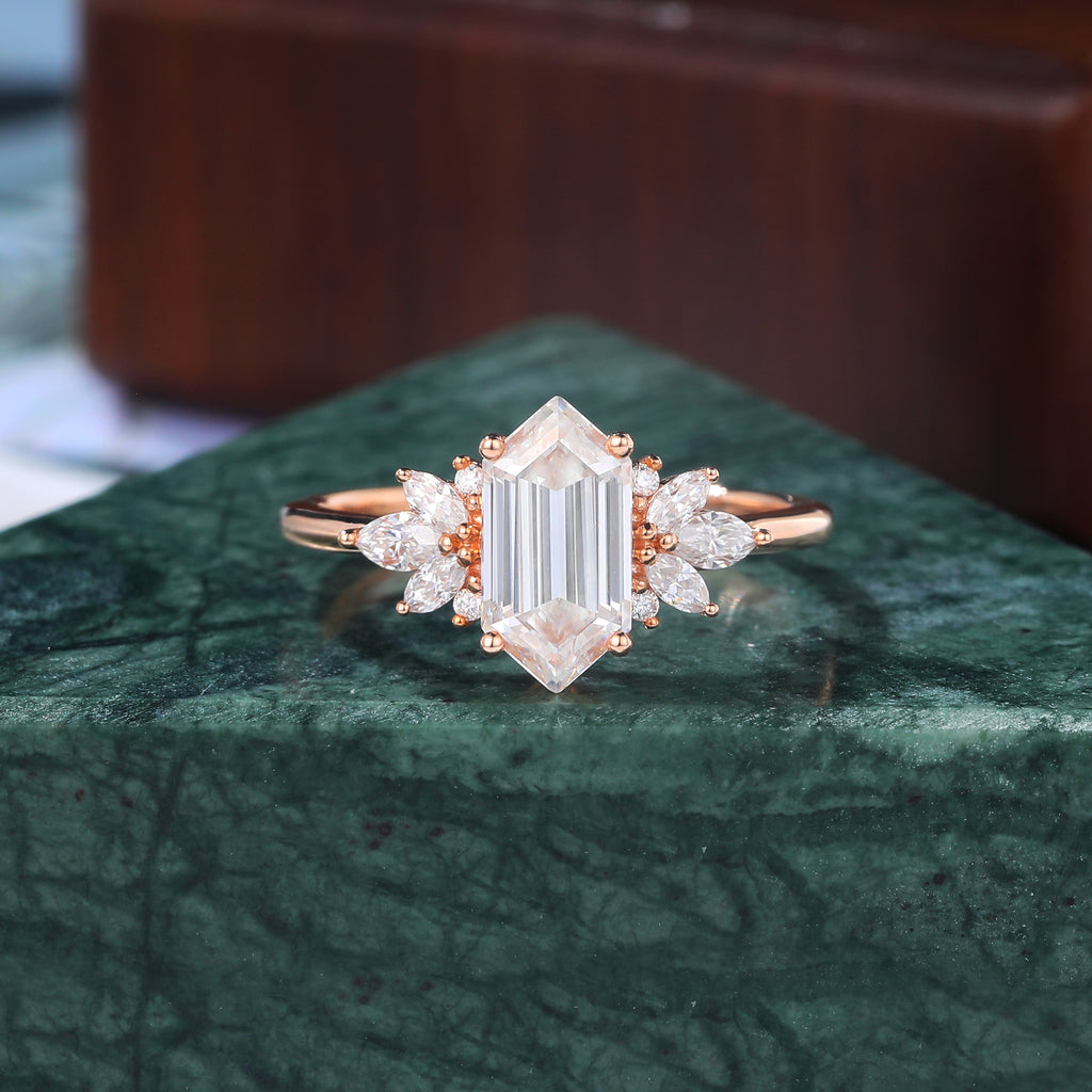 Long Hexagon cut moissanite rose gold engagement Ring.