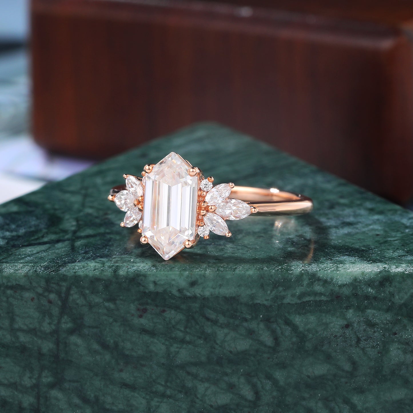1.4ct Long Hexagon cut Lab grown diamond rose gold engagement Ring.