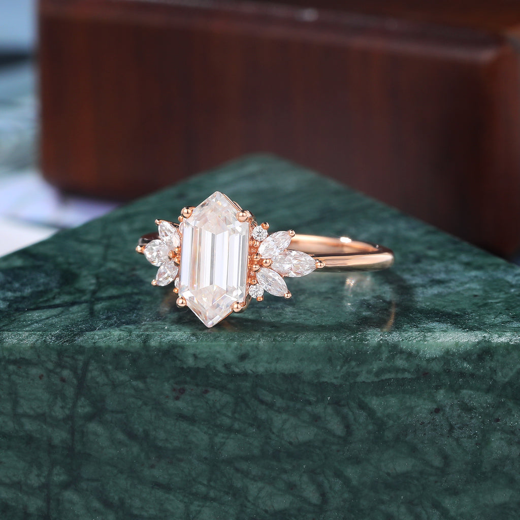 Long Hexagon cut moissanite rose gold engagement Ring.