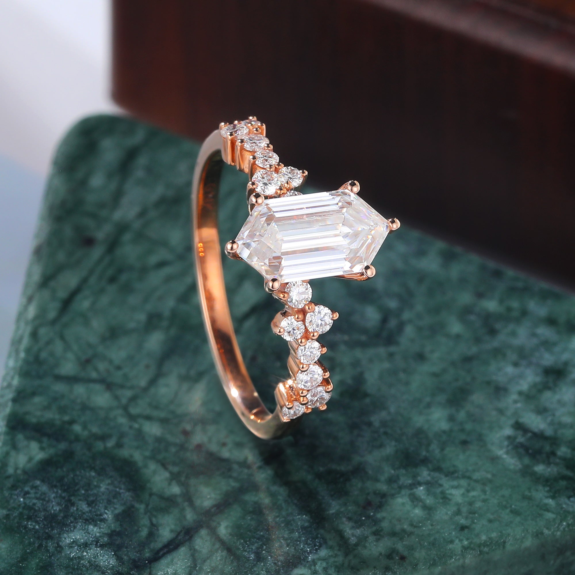 1.4ct Long Hexagon cut Lab grown diamond rose gold engagement Ring.