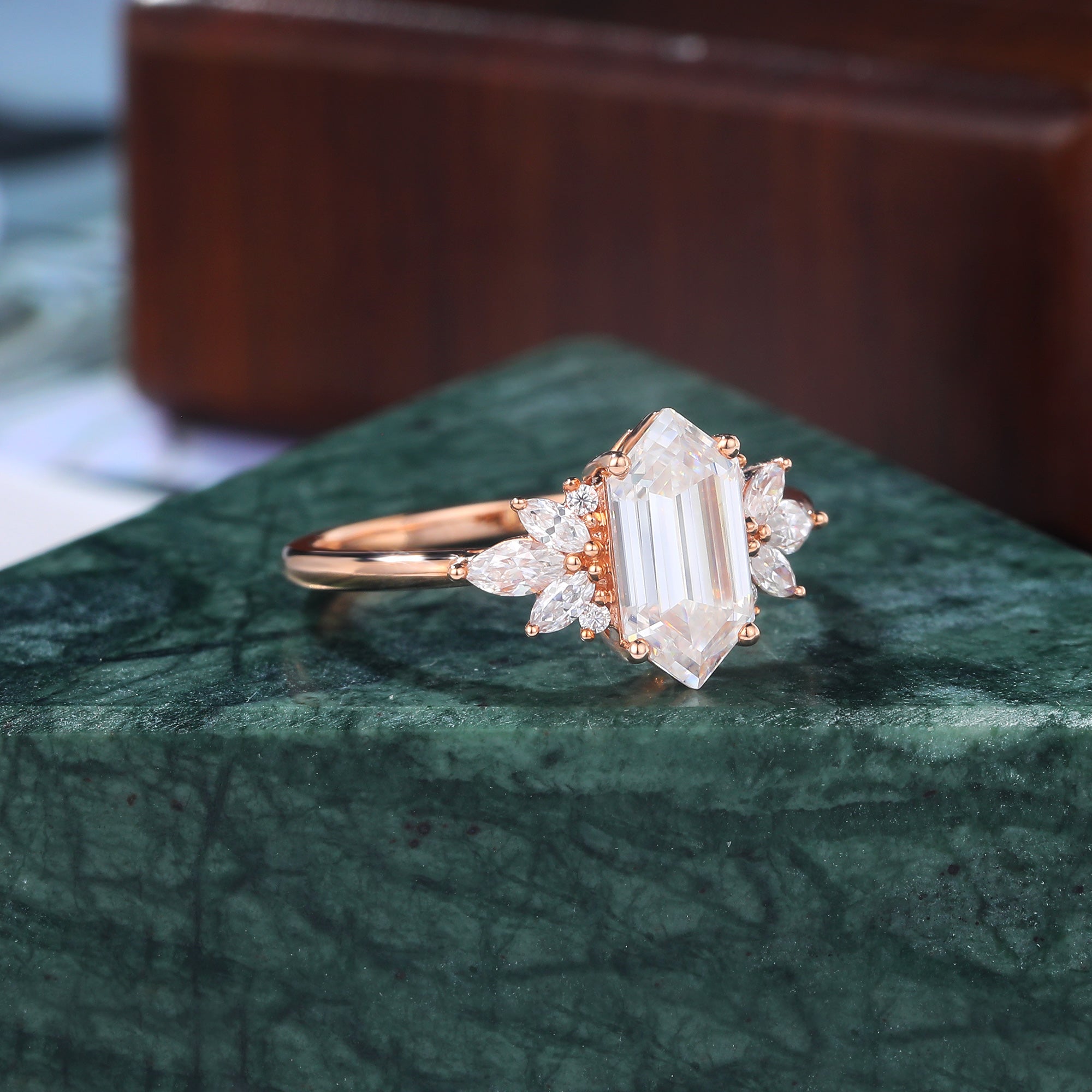 1.4ct Long Hexagon cut Lab grown diamond rose gold engagement Ring.