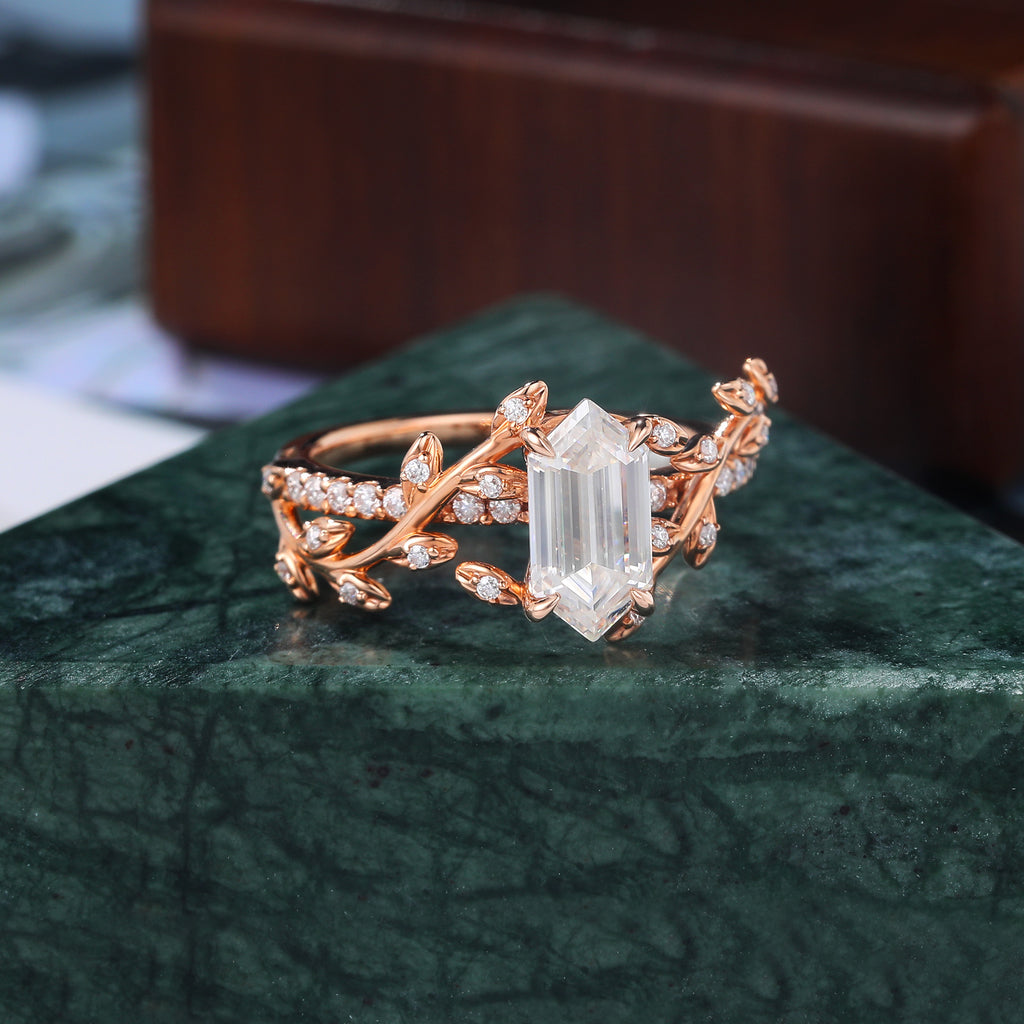 Long Hexagon cut Lab grown diamond rose gold engagement Ring.