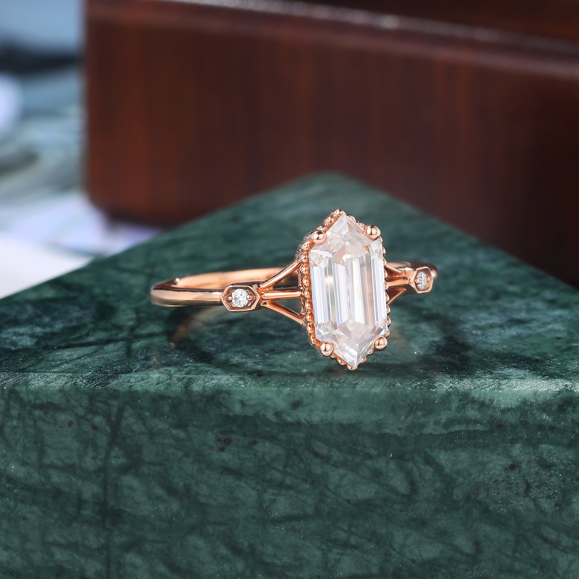 1.4ct Long Hexagon cut Lab grown diamond rose gold engagement Ring.