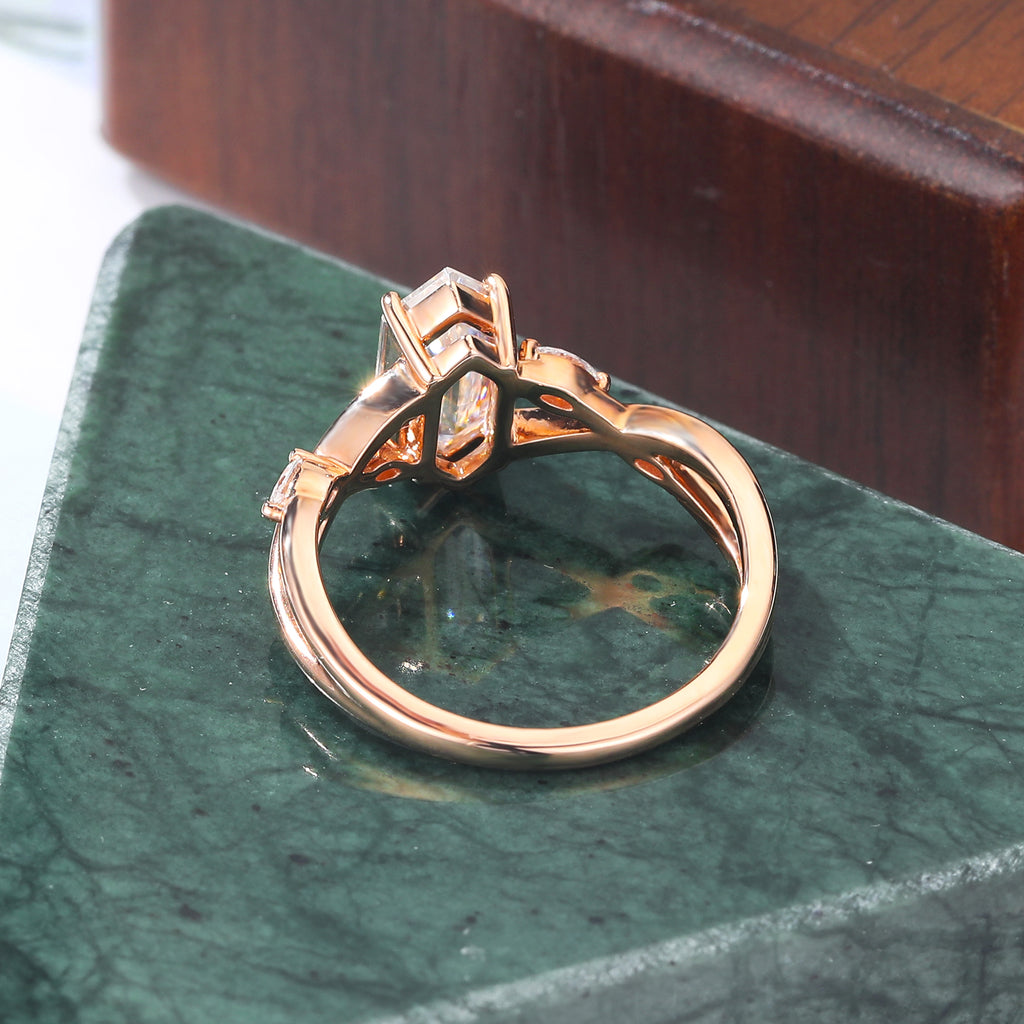 Long Hexagon cut moissanite rose gold engagement Ring.