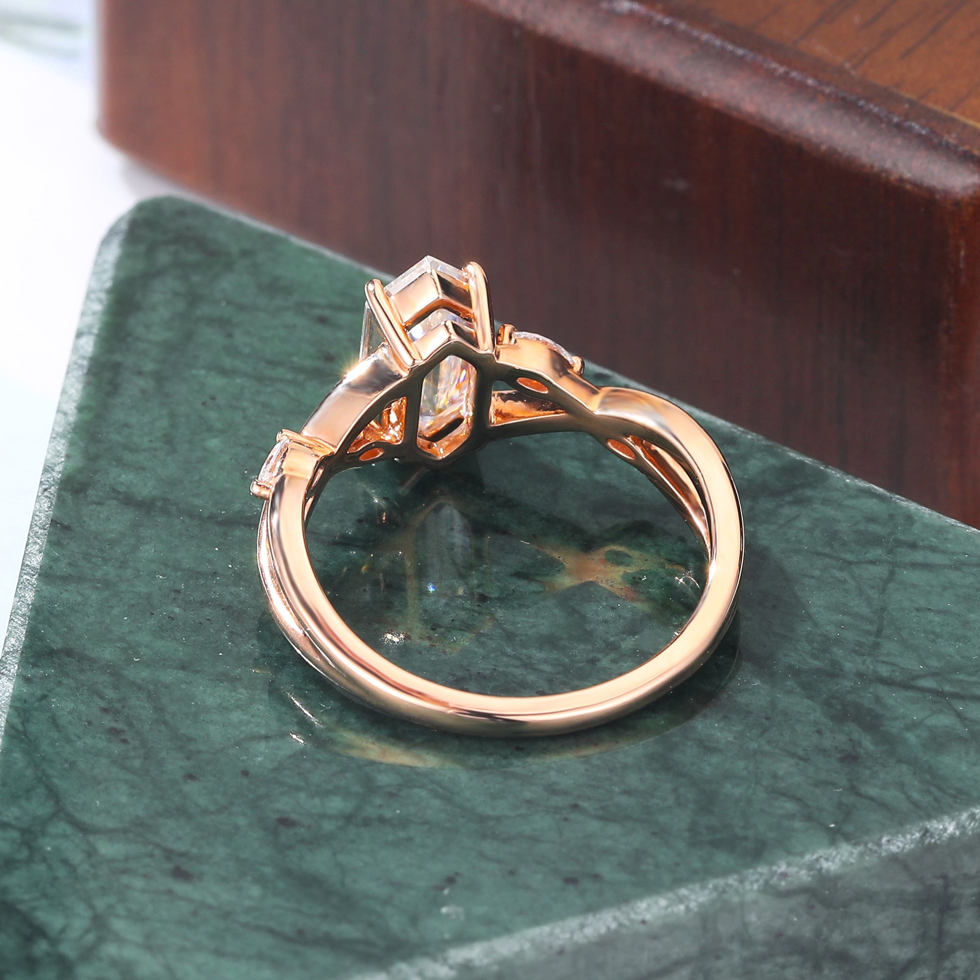 Long Hexagon cut moissanite rose gold engagement Ring.