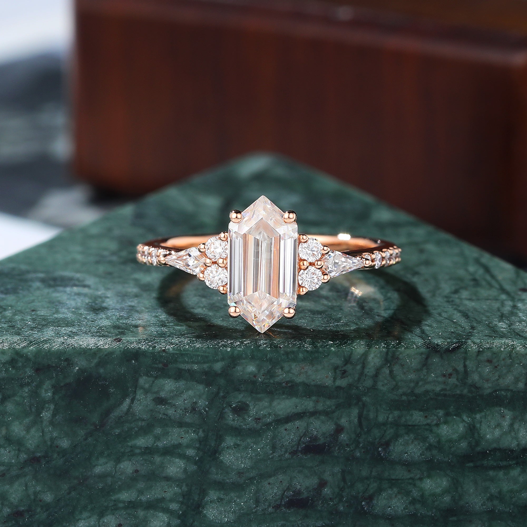Long Hexagon cut moissanite rose gold engagement Ring.