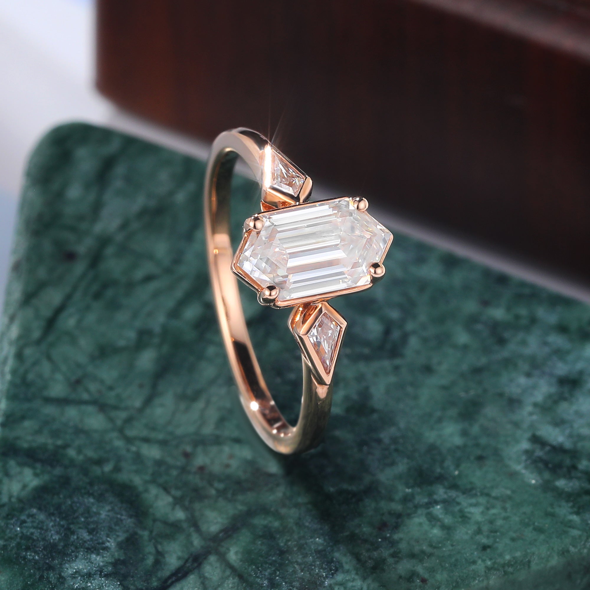 Long Hexagon cut moissanite rose gold engagement Ring.