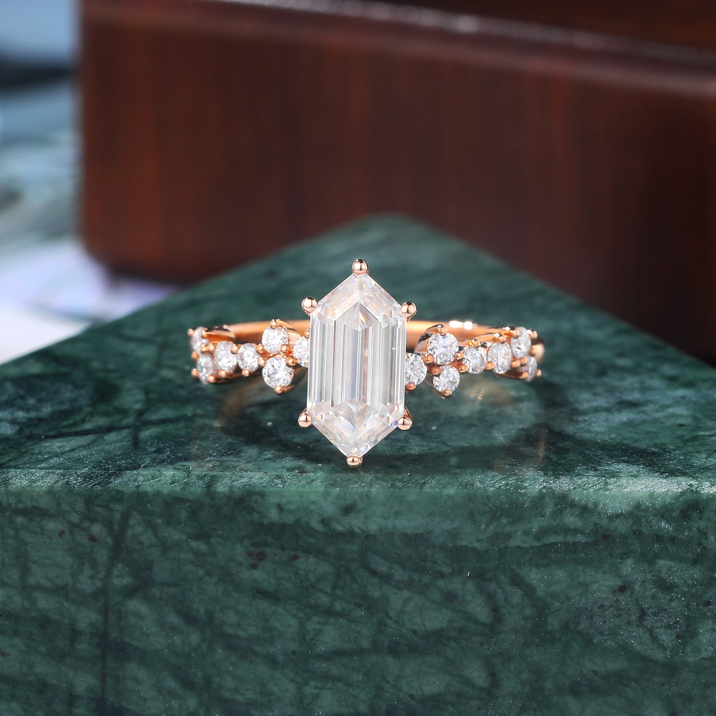 Long Hexagon cut moissanite rose gold engagement Ring.