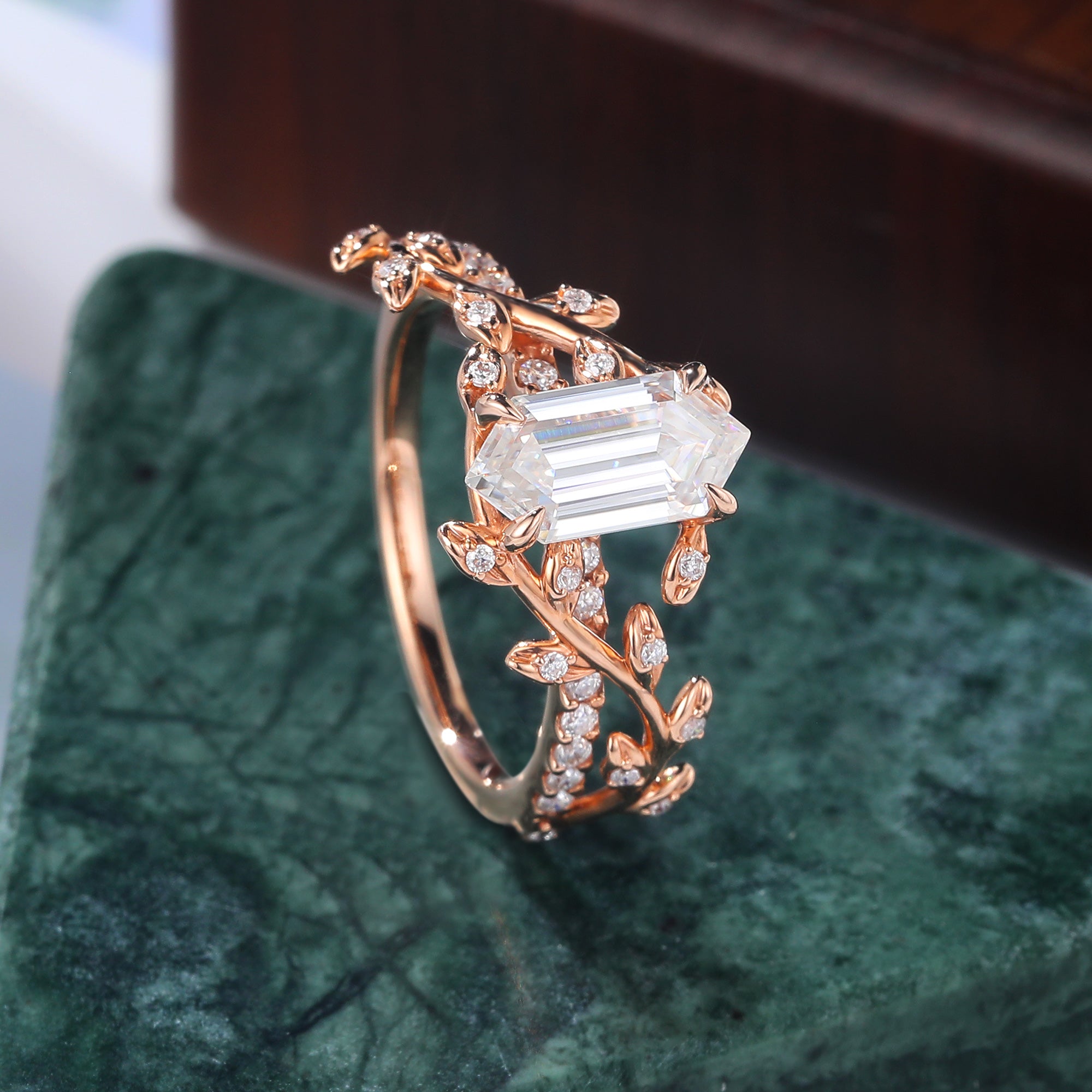 Long Hexagon cut moissanite rose gold engagement Ring.