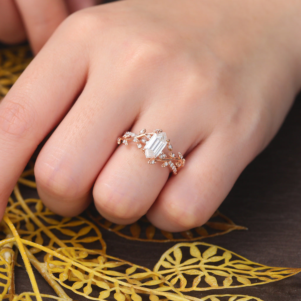 Long Hexagon cut moissanite rose gold engagement Ring.