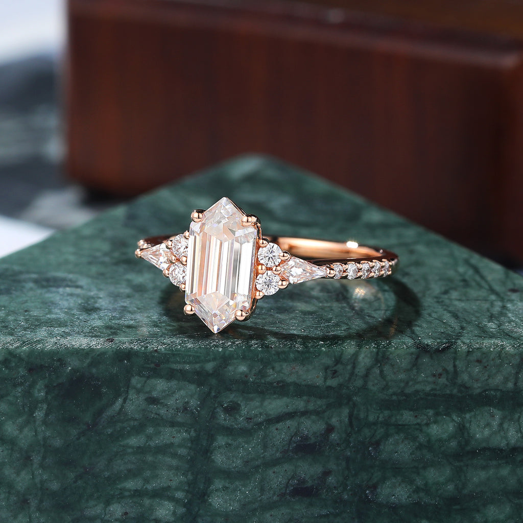Long Hexagon cut moissanite rose gold engagement Ring.