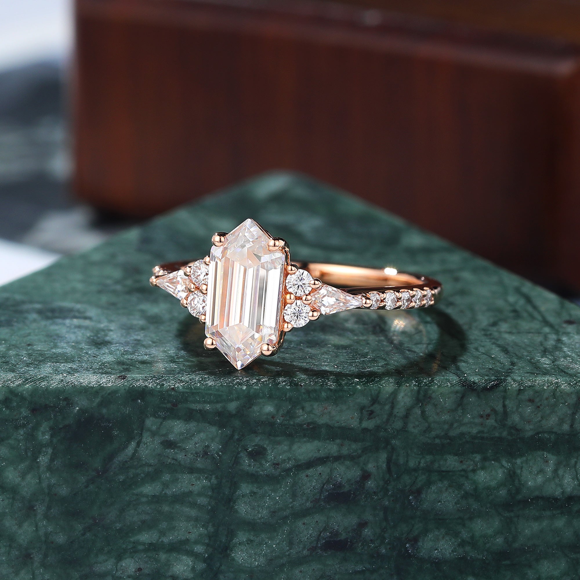 Long Hexagon cut moissanite rose gold engagement Ring.