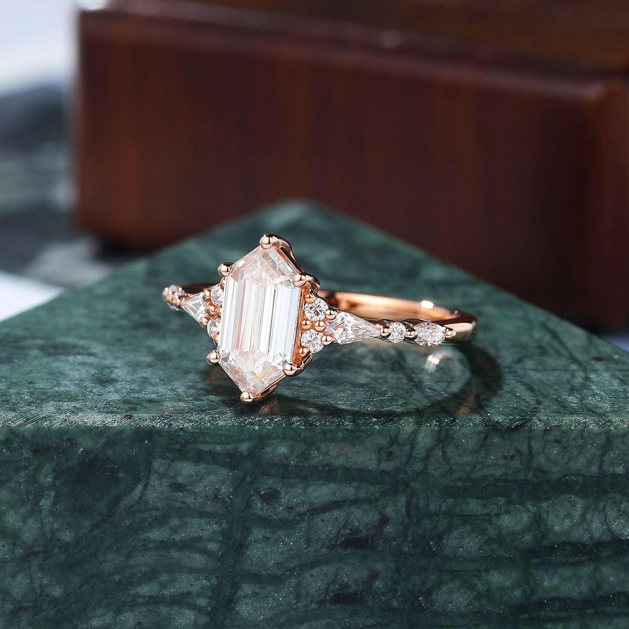 Long Hexagon cut moissanite rose gold engagement Ring.