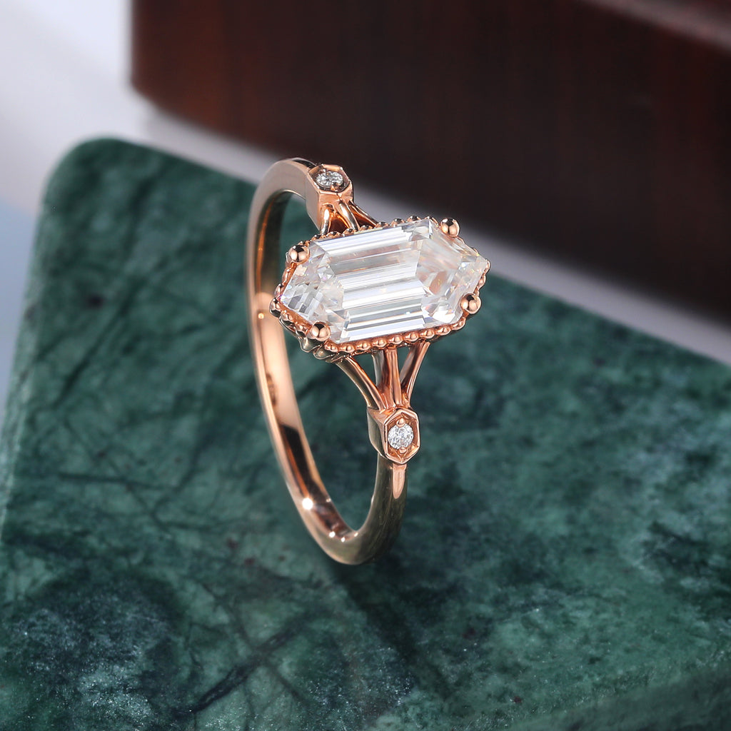 Long Hexagon cut moissanite rose gold engagement Ring.