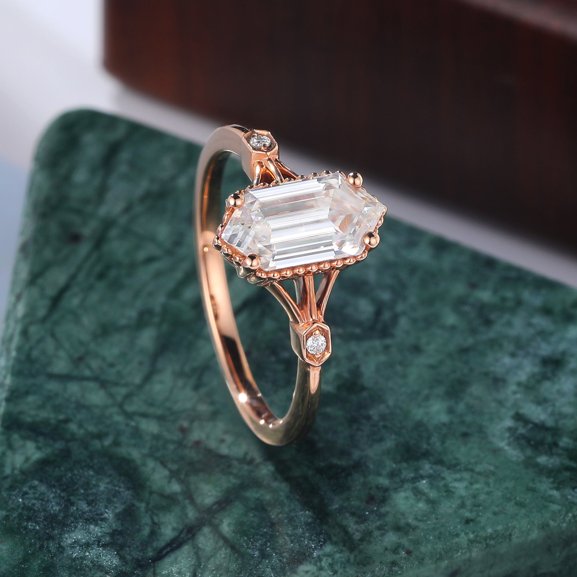 Long Hexagon cut moissanite rose gold engagement Ring.