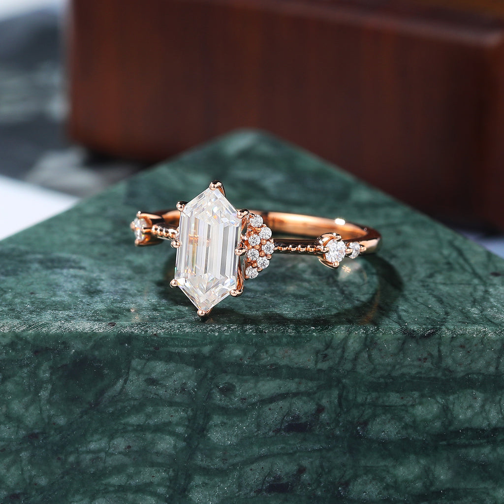 Long Hexagon cut moissanite rose gold engagement Ring.