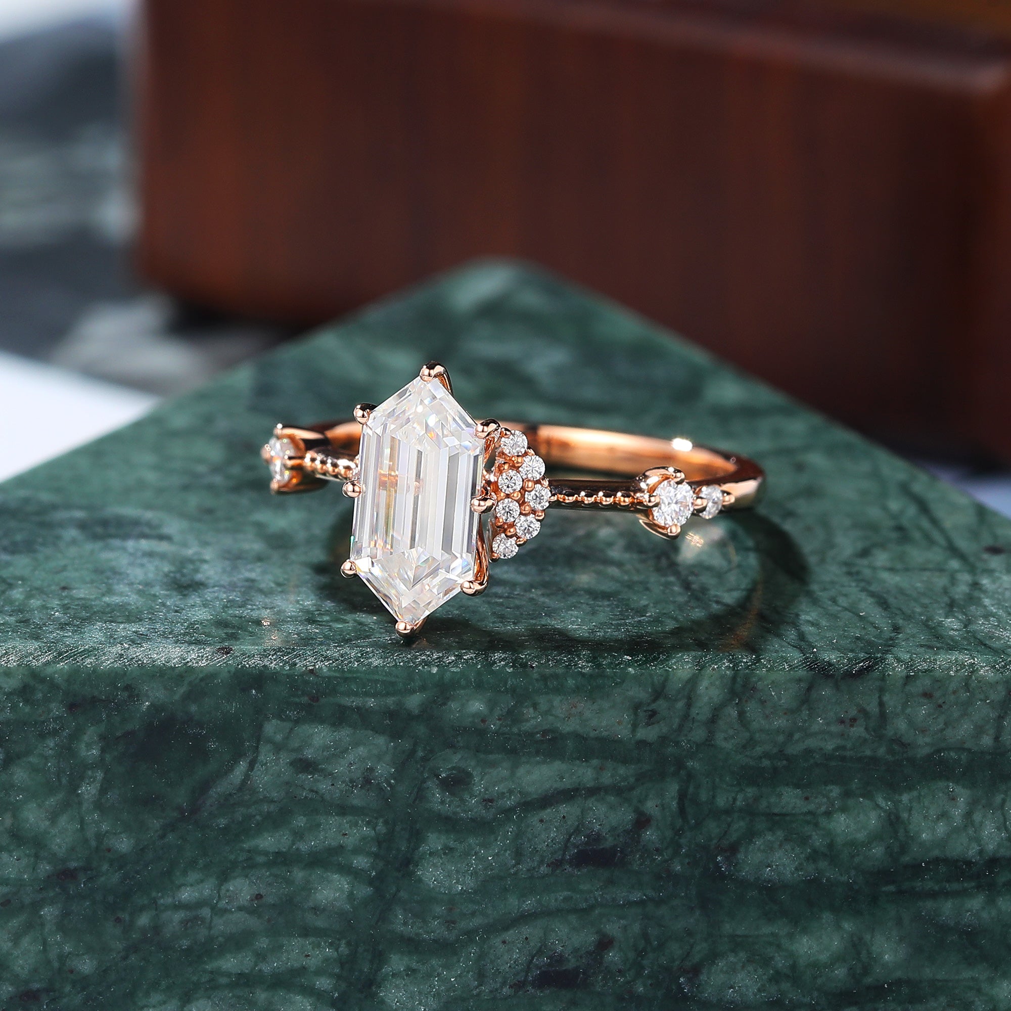 Long Hexagon cut moissanite rose gold engagement Ring.
