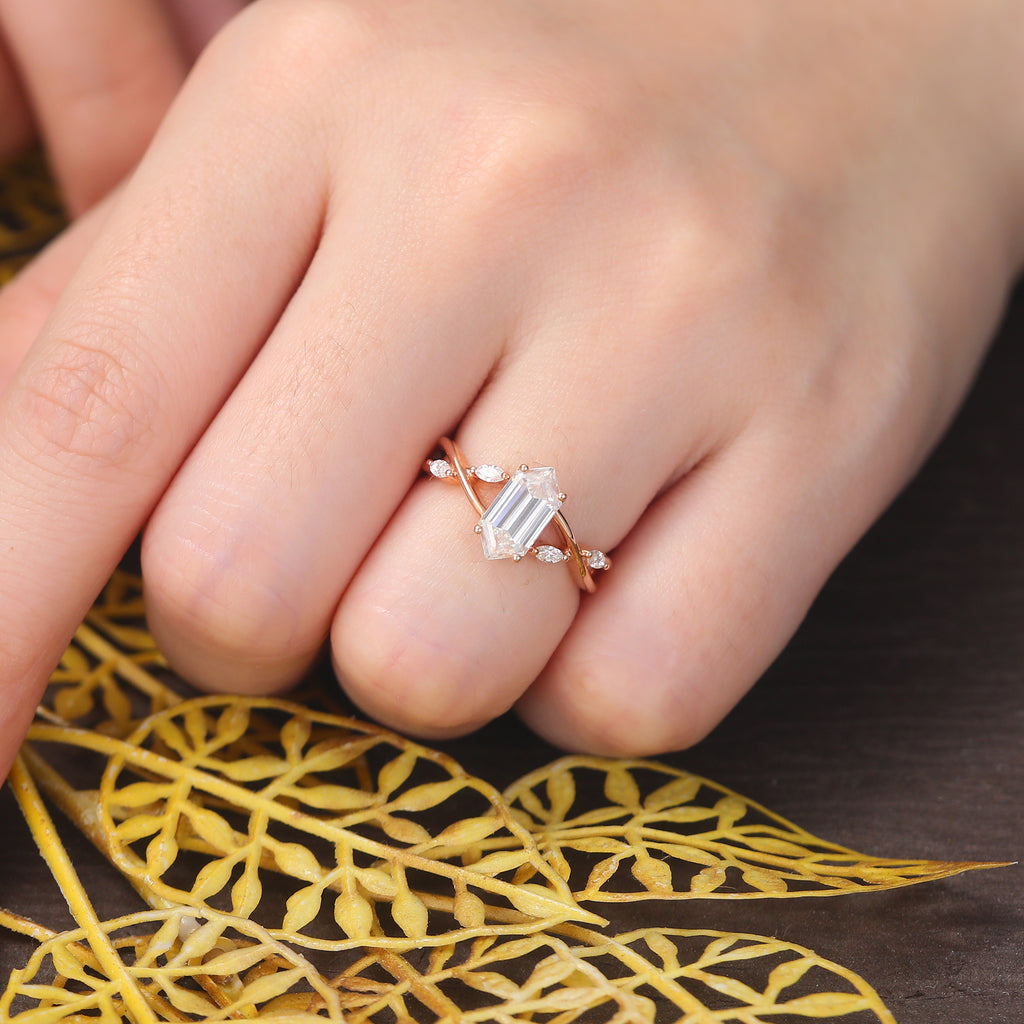 Long Hexagon cut moissanite rose gold engagement Ring.