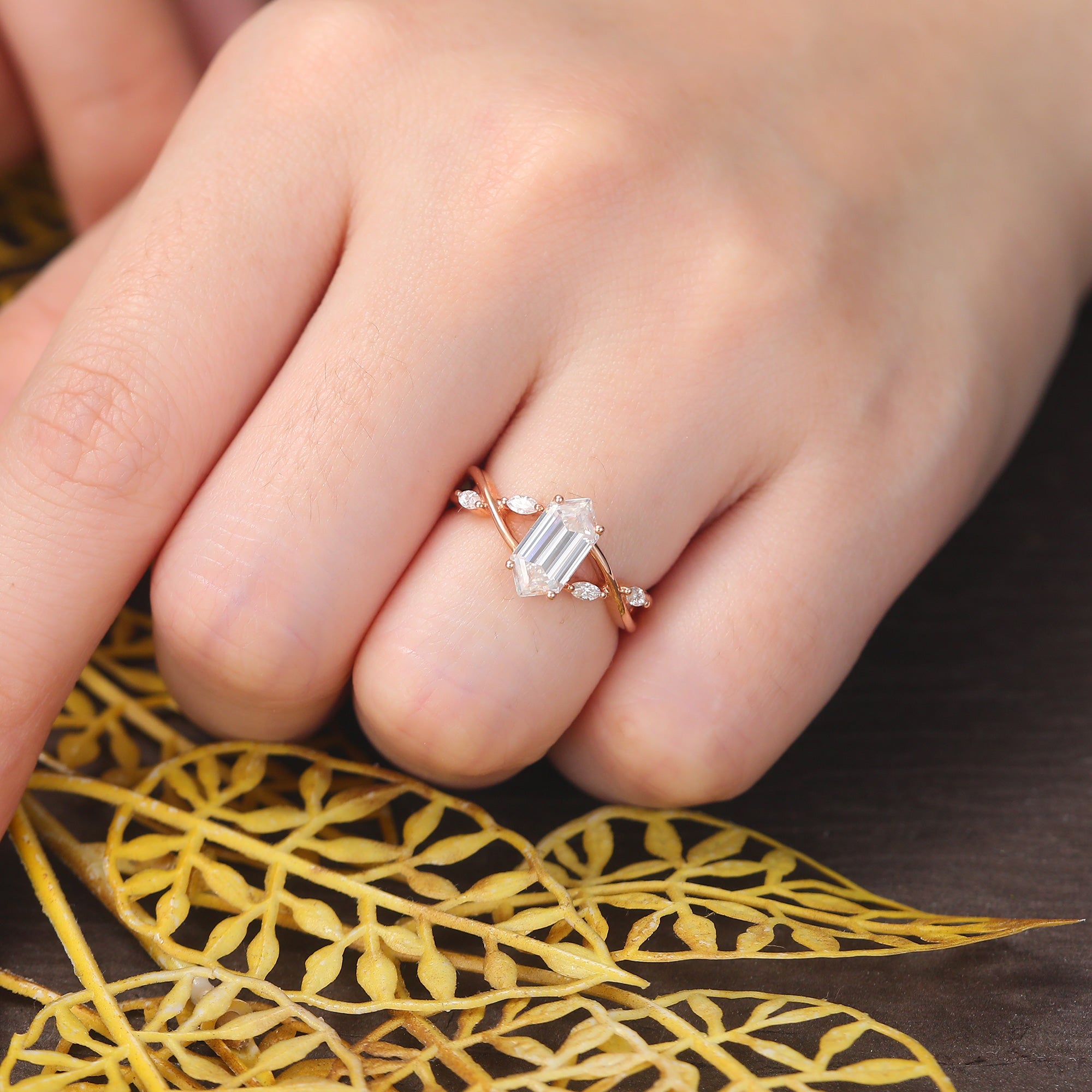 Long Hexagon cut moissanite rose gold engagement Ring.