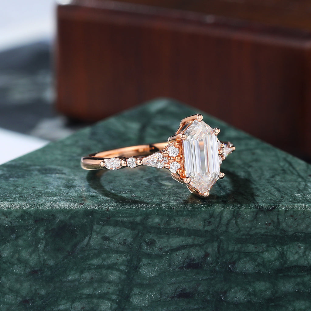Long Hexagon cut moissanite rose gold engagement Ring.