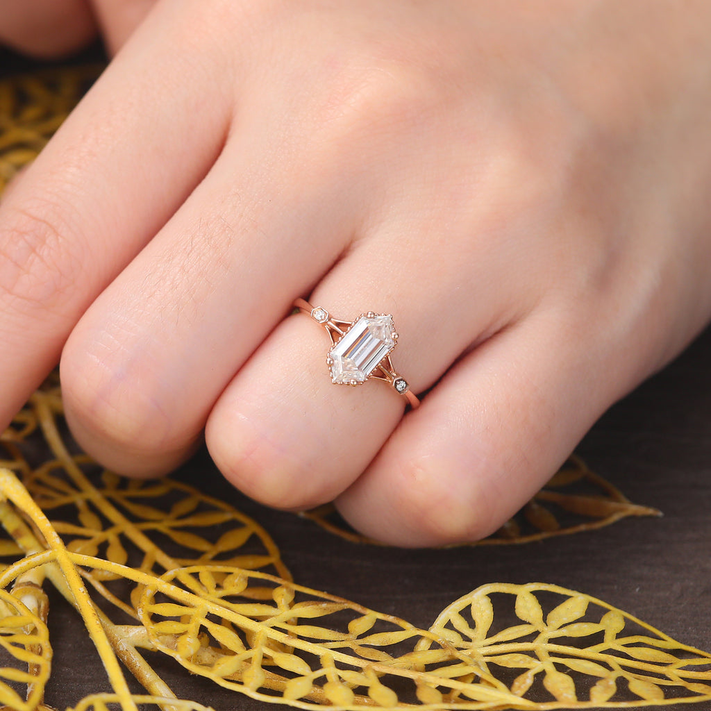Long Hexagon cut moissanite rose gold engagement Ring.