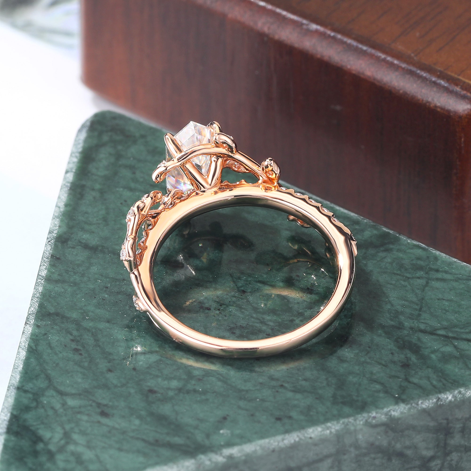Long Hexagon cut moissanite rose gold engagement Ring.