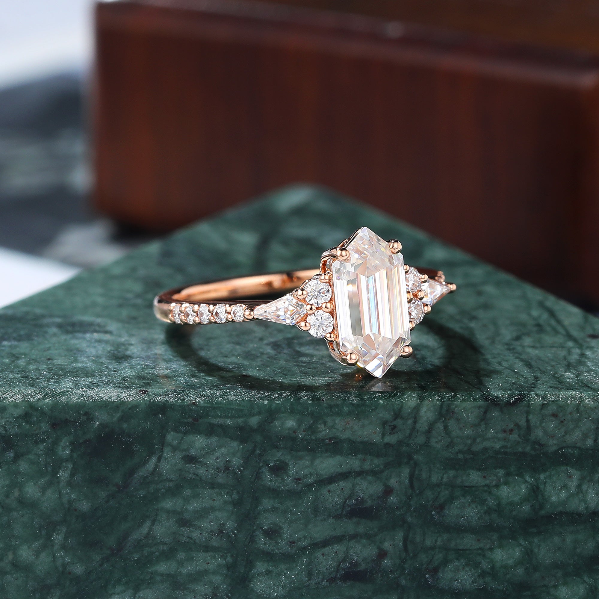 Long Hexagon cut moissanite rose gold engagement Ring.