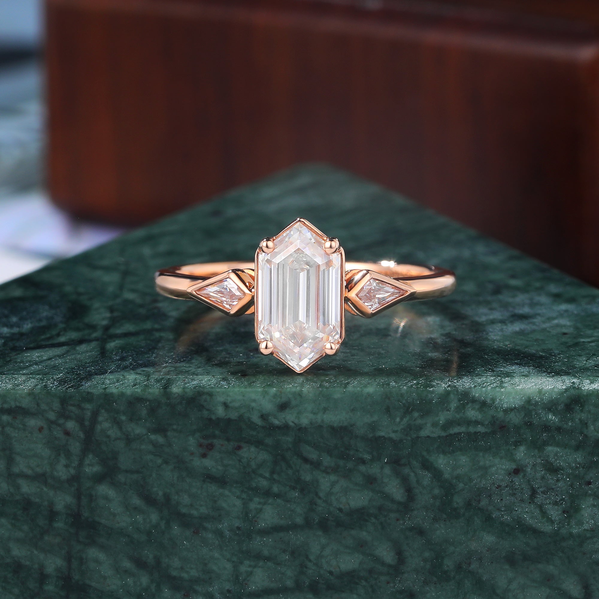 Long Hexagon cut moissanite rose gold engagement Ring.