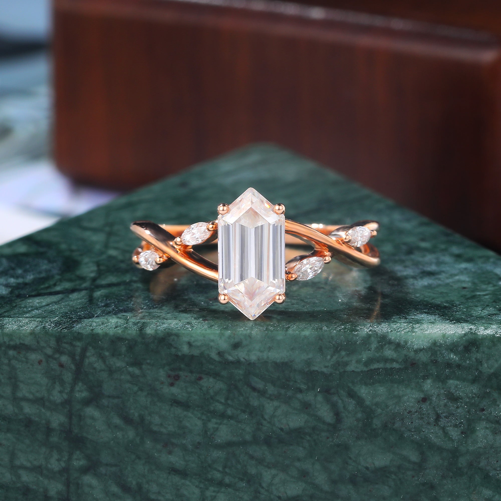 Long Hexagon cut moissanite rose gold engagement Ring.