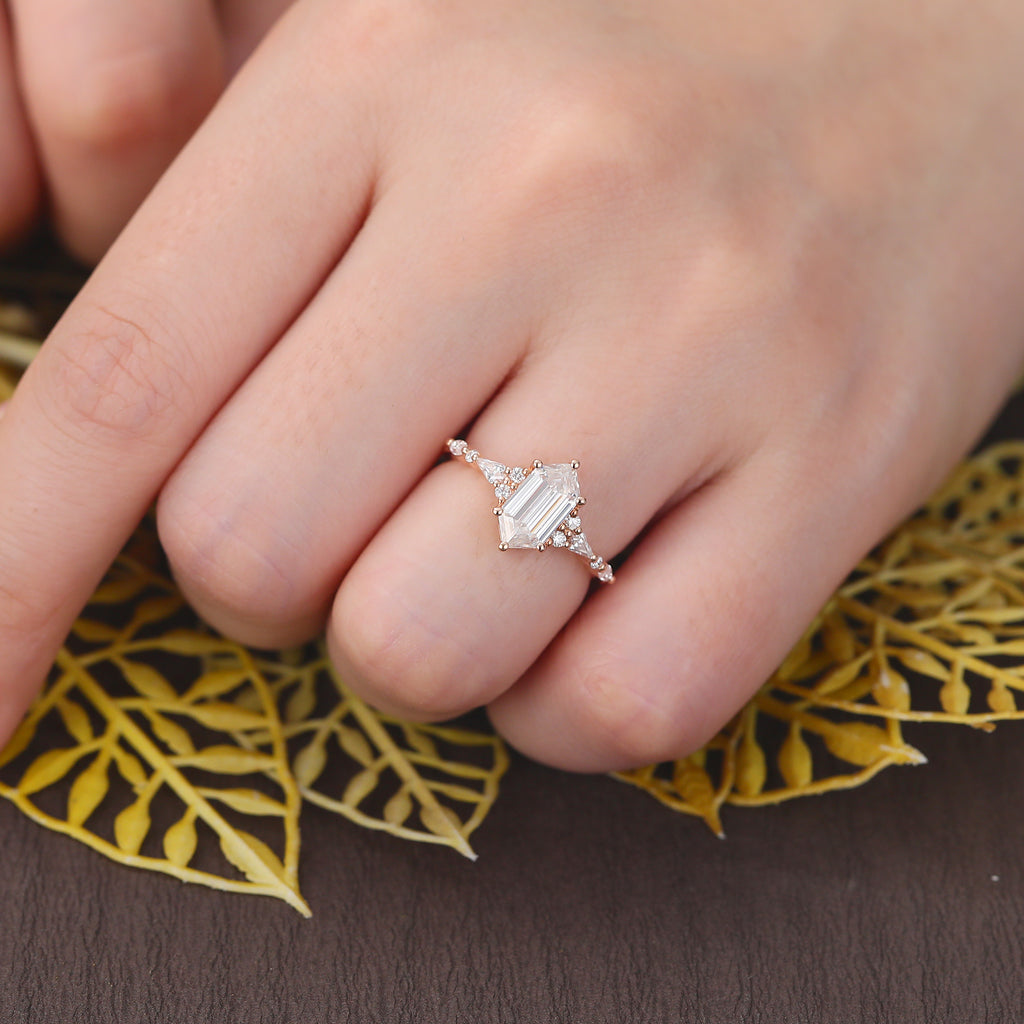 Long Hexagon cut moissanite rose gold engagement Ring.