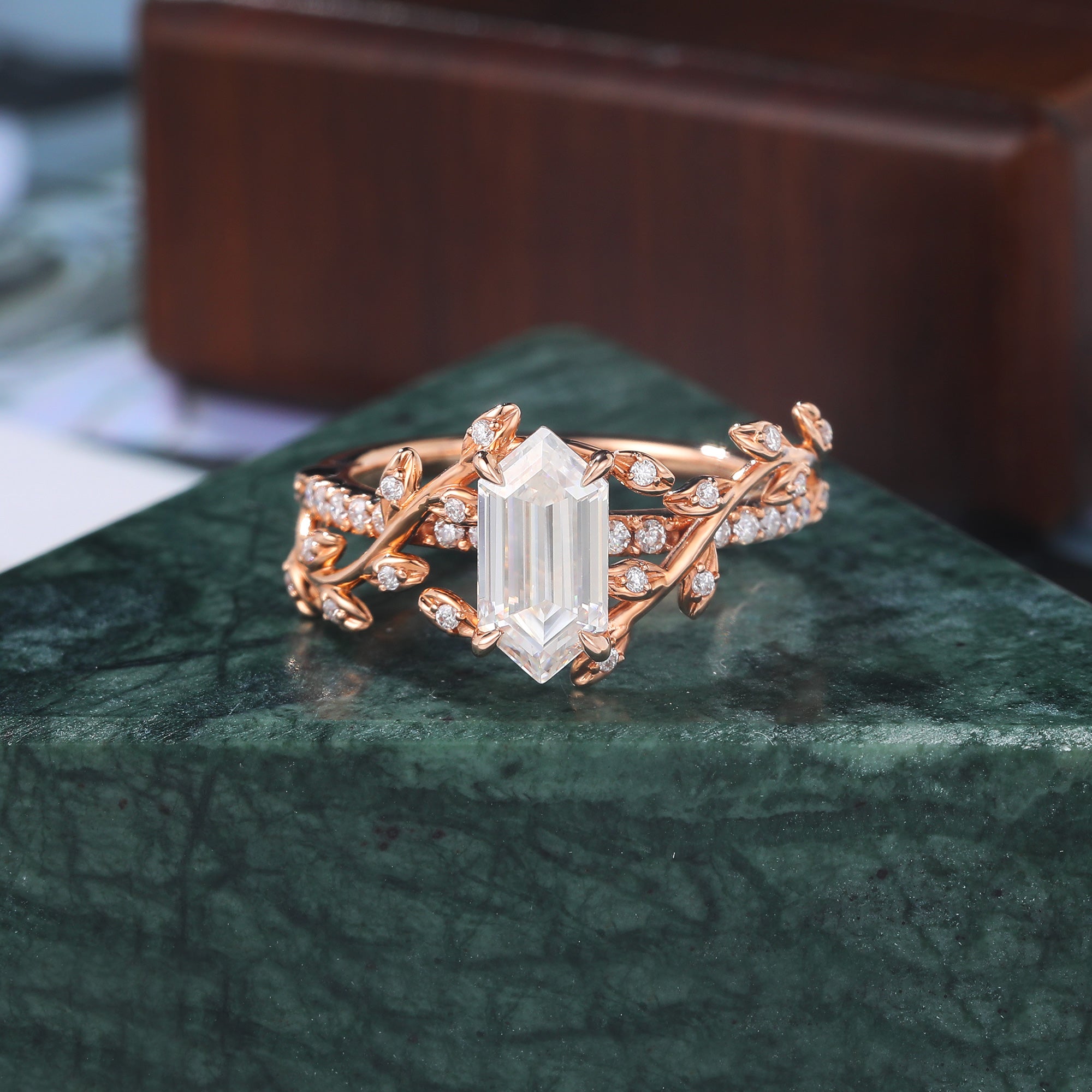 Long Hexagon cut moissanite rose gold engagement Ring.