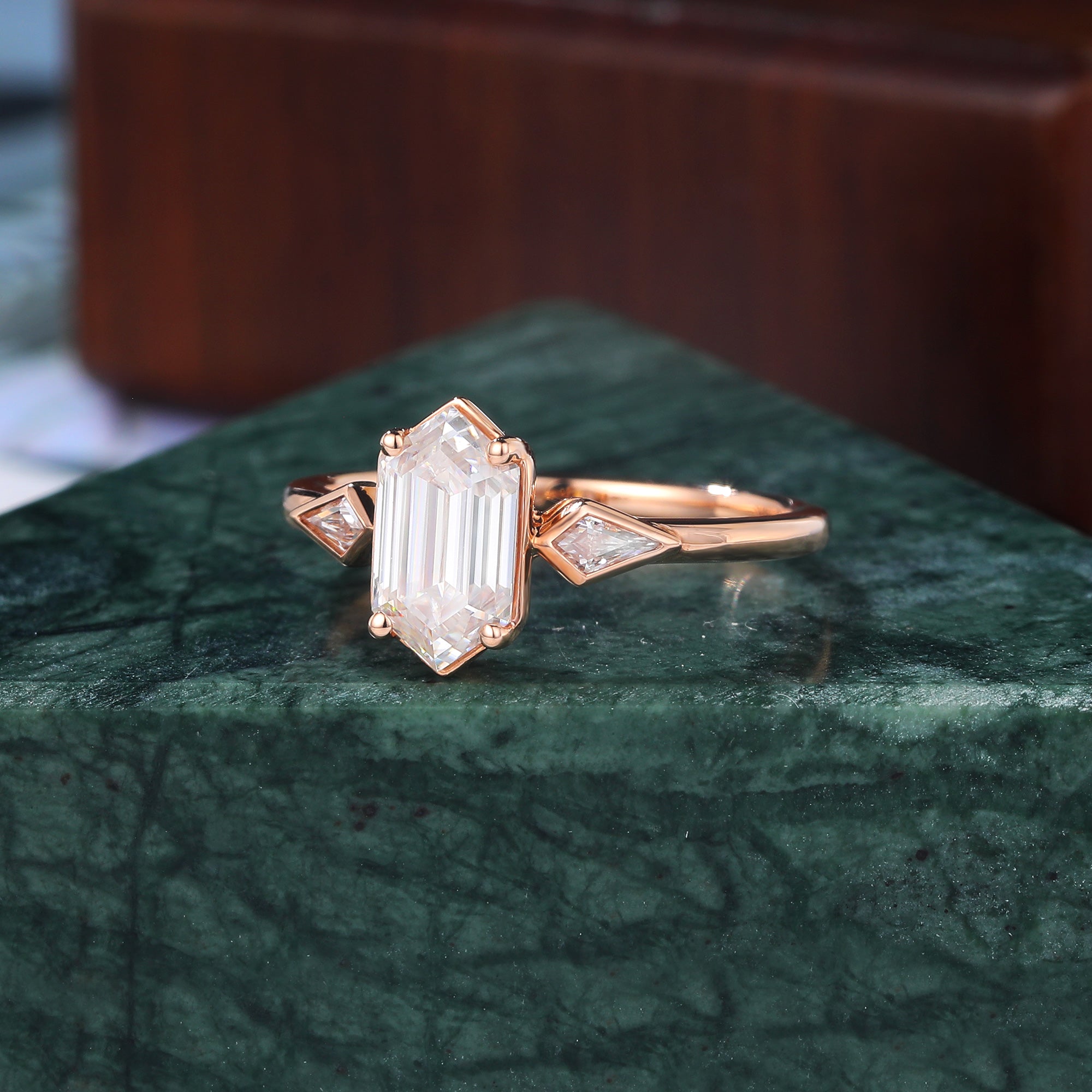 Long Hexagon cut moissanite rose gold engagement Ring.