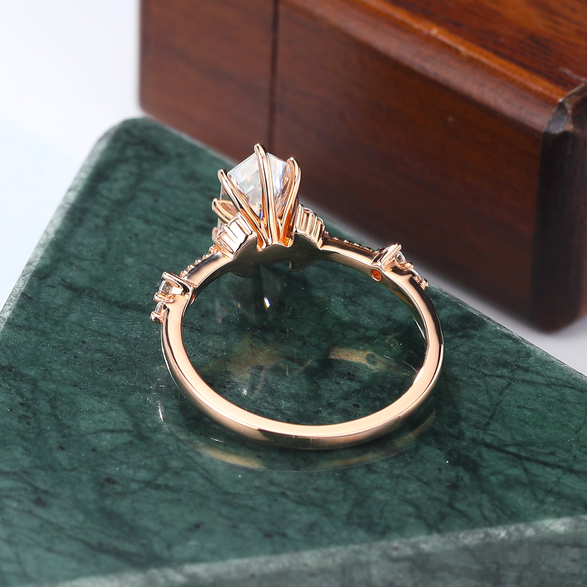 Long Hexagon cut moissanite rose gold engagement Ring.